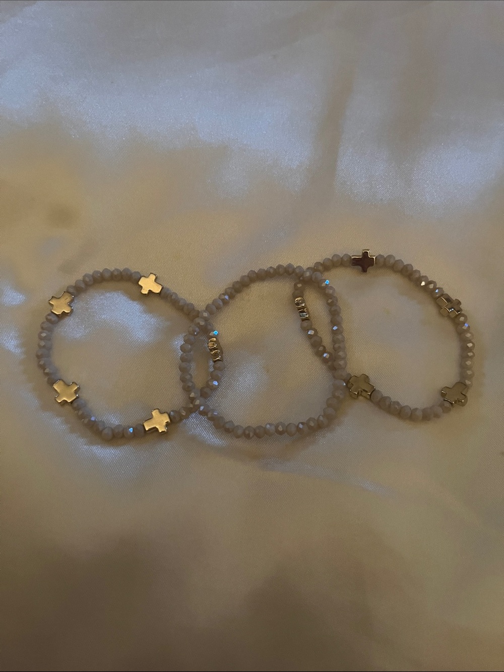 Neutral Beaded Stretch Bracelet Set with Gold Cross Accents